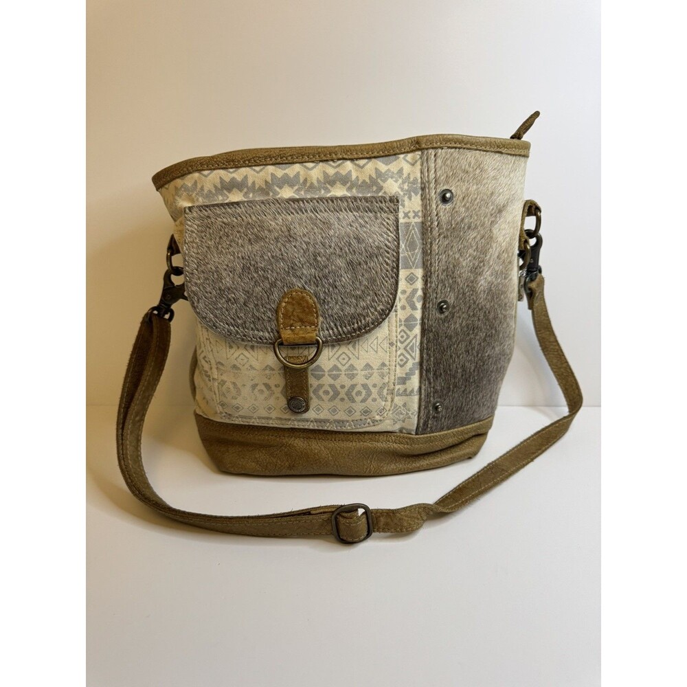 Myra Shoulder Bag Hairon Flap Pocket 13×12" Leather Accents Studded Hobo